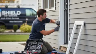 Technician repairing exterior vinyl siding and door frame in Fort Collins, CO home
