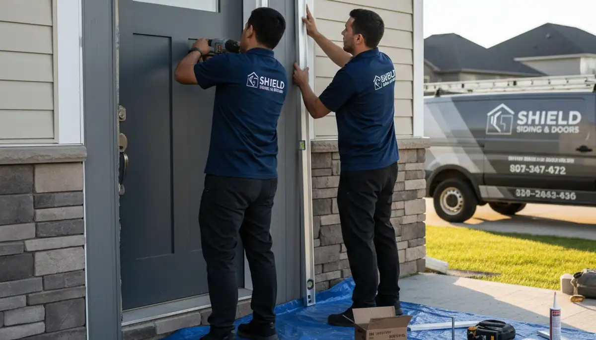 Technician repairing exterior door and vinyl siding damage in Fort Collins, CO home