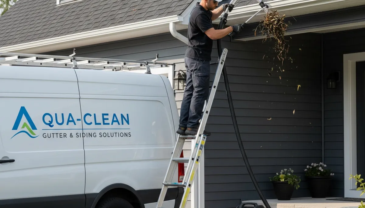 Technician cleaning home gutters in Fort Collins CO for vinyl siding and roof protection