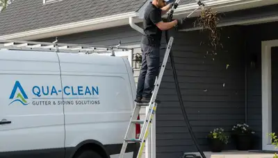 Technician cleaning home gutters in Fort Collins CO for vinyl siding and roof protection