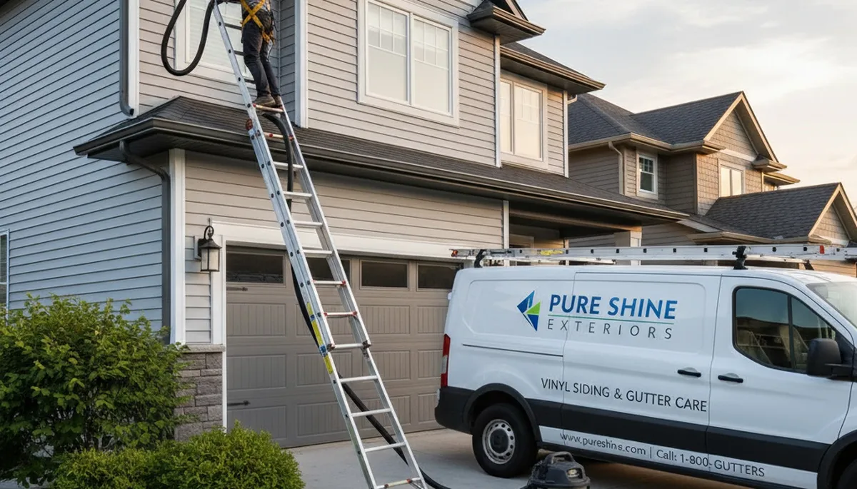 Technician performing gutter cleaning on vinyl siding home in Fort Collins CO