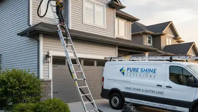 Technician performing gutter cleaning on vinyl siding home in Fort Collins CO