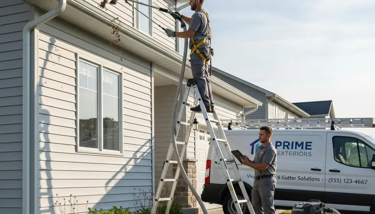 Technician cleaning home gutters and vinyl siding in Fort Collins, CO for Next Level Exteriors