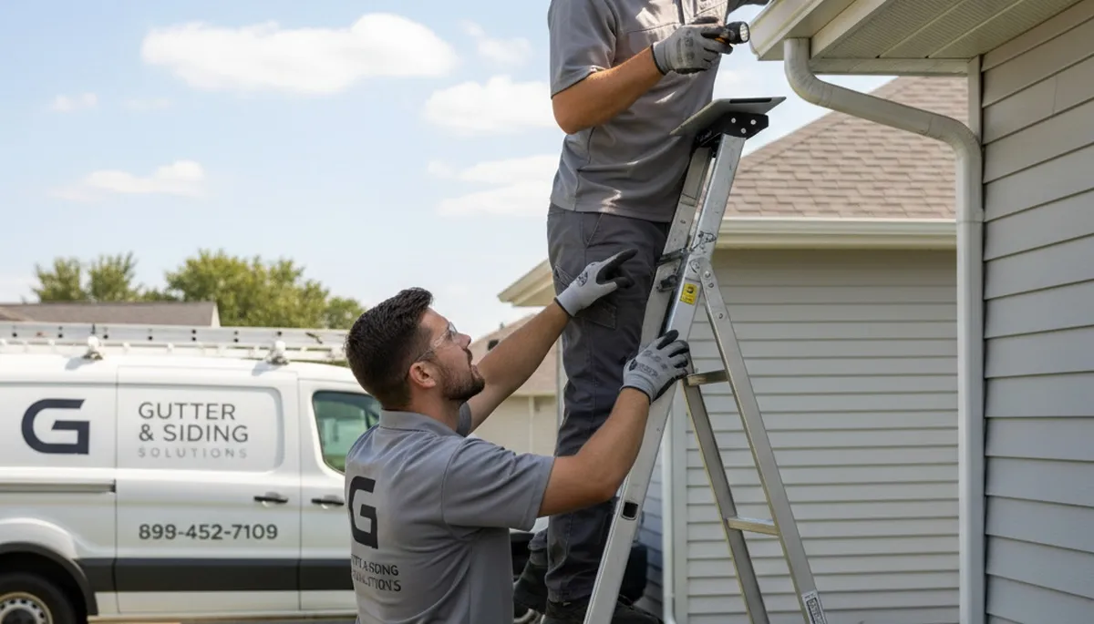 Technician performing gutter inspection on vinyl siding home in Fort Collins, CO