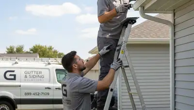 Technician performing gutter inspection on vinyl siding home in Fort Collins, CO