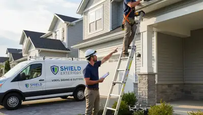 Technician performing gutter inspection on vinyl siding home in Fort Collins, CO