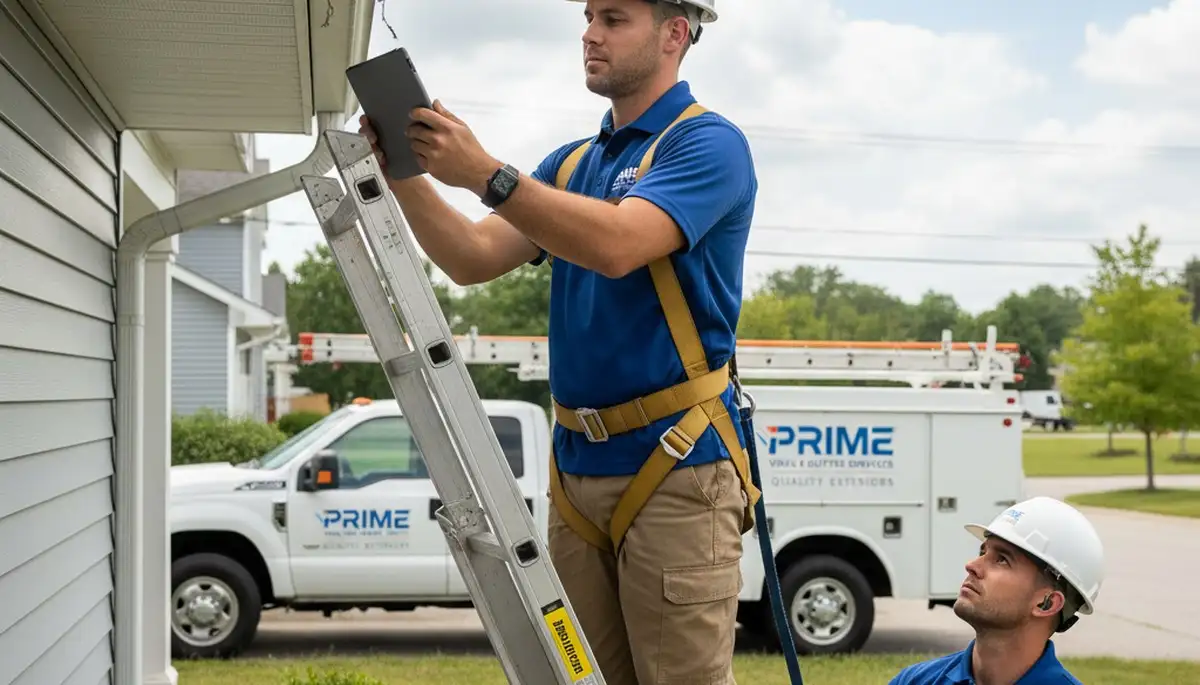 Technician performing gutter inspection on vinyl siding home in Fort Collins, CO