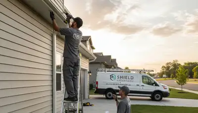 Technician repairing damaged gutters on home exterior with vinyl siding in Fort Collins, CO