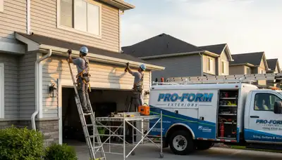 Technician repairing residential gutter and vinyl siding in Fort Collins, CO for Next Level Exteriors