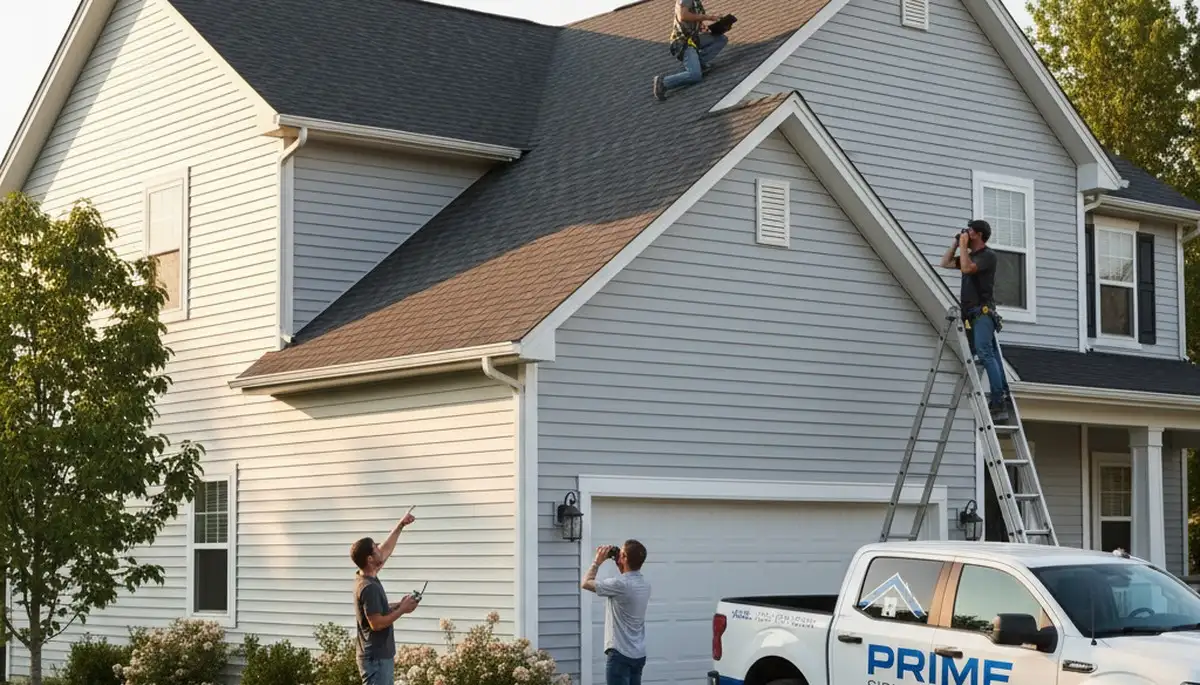 Technician performing roof inspection on Fort Collins CO home exterior with vinyl siding