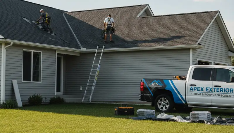Vinyl siding repair and roofing contractors working on a Fort Collins CO home exterior restoration