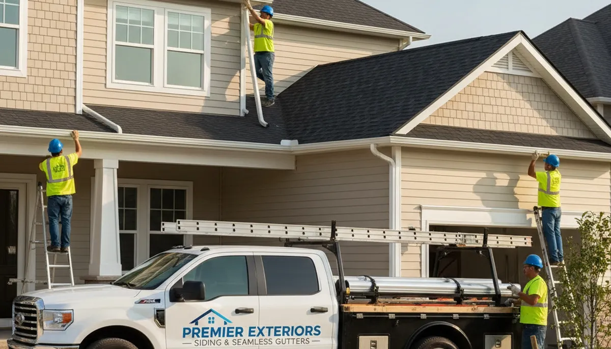 Technician installing seamless gutters on a Fort Collins CO home exterior with durable vinyl siding