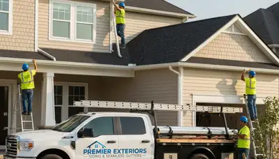 Technician installing seamless gutters on a Fort Collins CO home exterior with durable vinyl siding