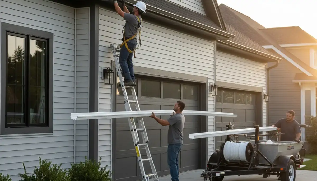 Seamless gutter installation on Fort Collins CO home by Next Level Exteriors vinyl siding experts