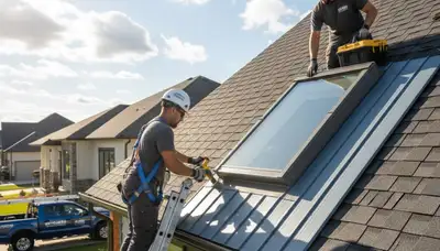 Technician repairing skylight with vinyl siding exterior in Fort Collins, CO home