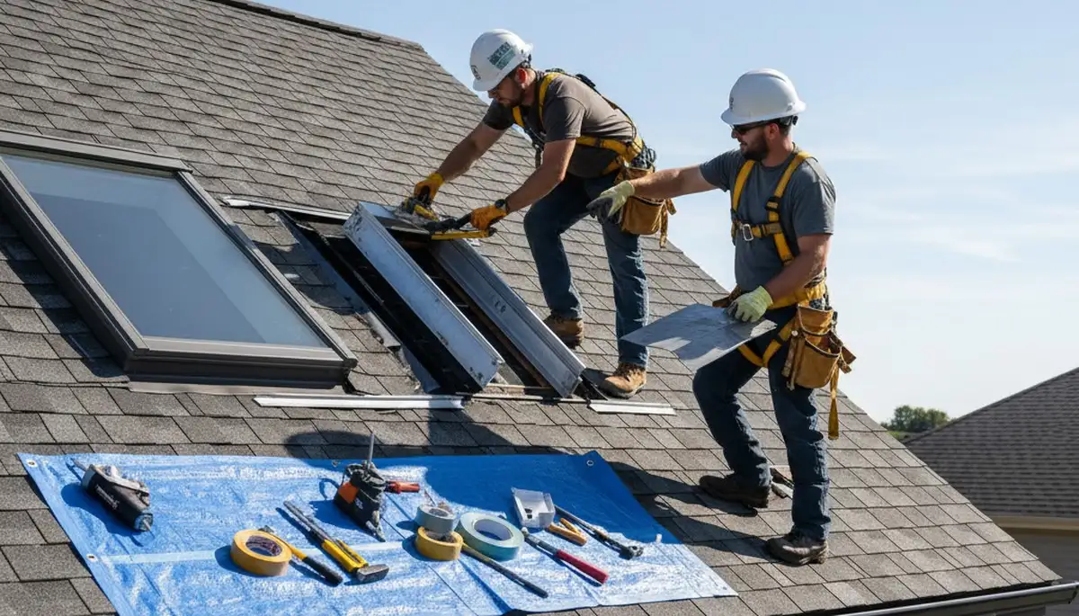 Technician repairing skylight and vinyl siding on Fort Collins CO home exterior