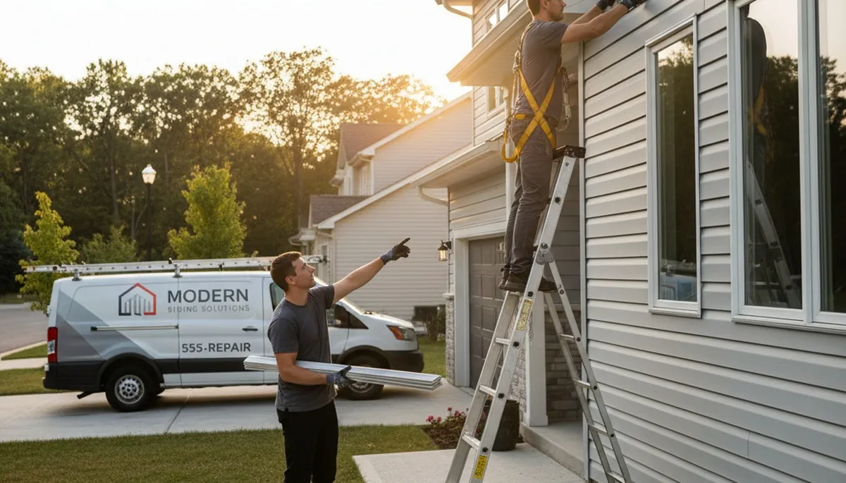 Technician repairing damaged vinyl siding on Fort Collins CO home exterior