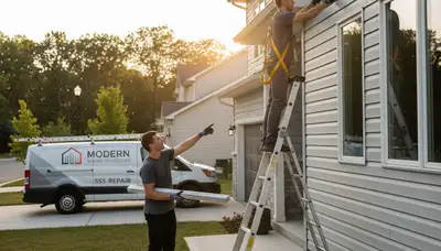 Technician repairing damaged vinyl siding on Fort Collins CO home exterior