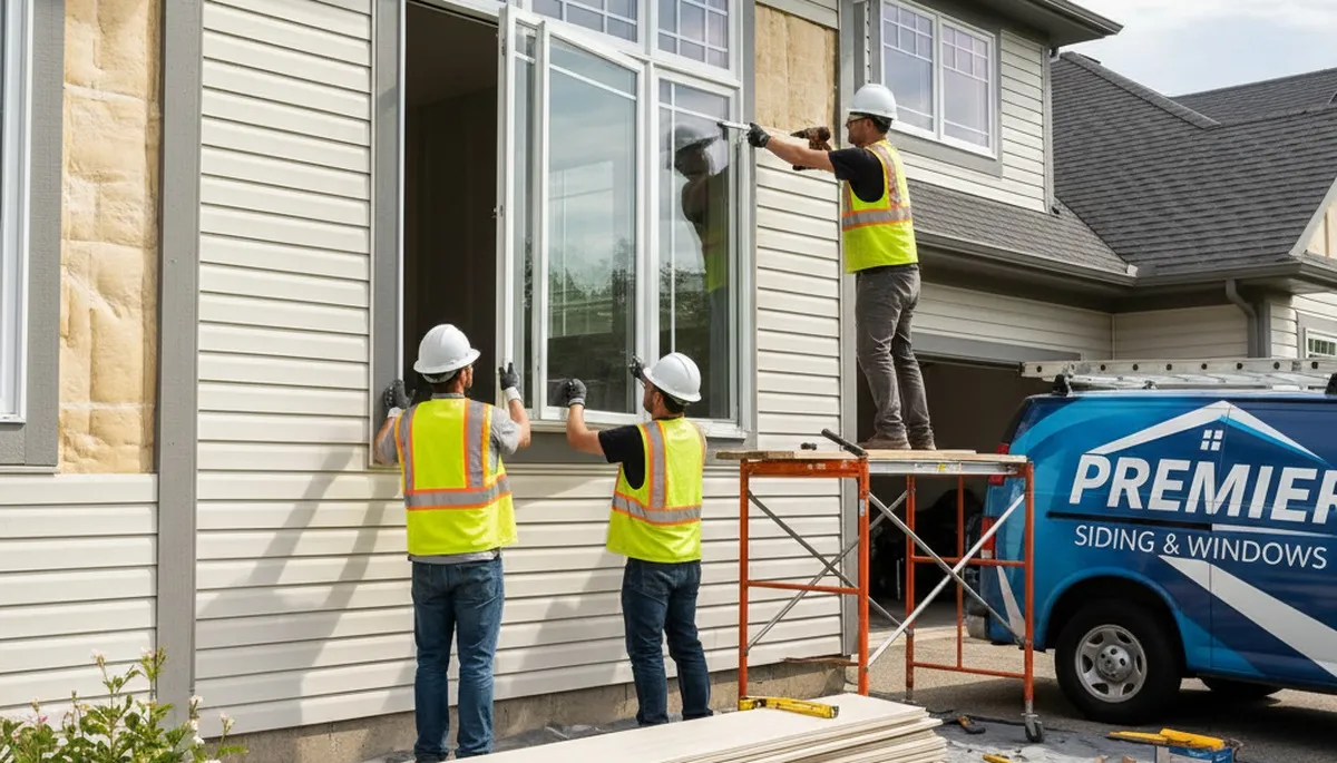 Technician installing energy-efficient window with vinyl siding in Fort Collins, CO home