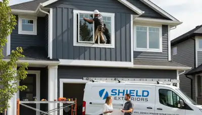 Technician repairing vinyl siding and window frame in Fort Collins, CO home exterior