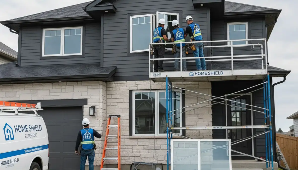 Technician repairing vinyl siding and windows on Fort Collins CO home exterior